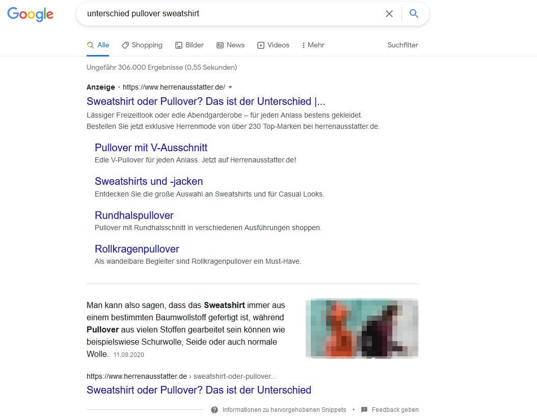 Google-Screenshot für Suchanfrage „unterschied pullover sweatshirt“