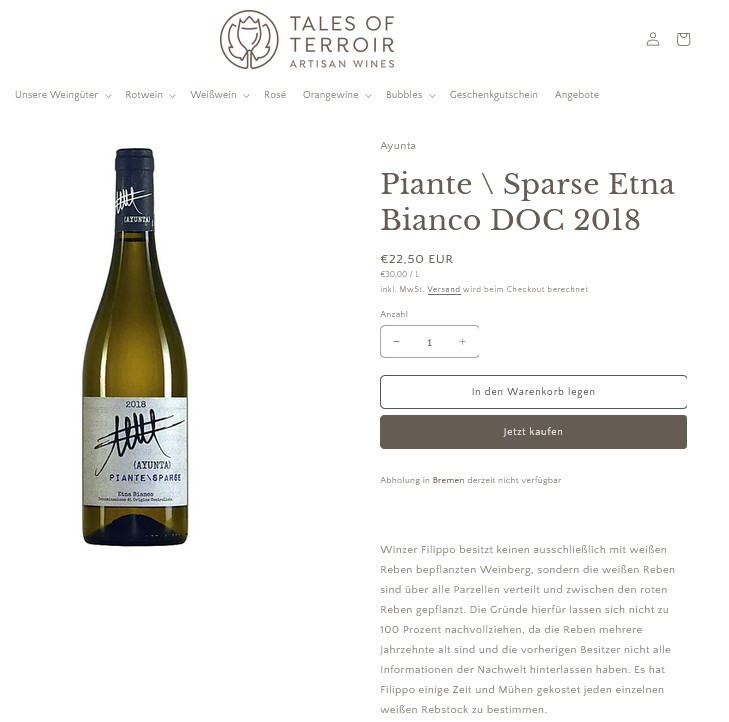 Produktseite des Weißweins Piante/Sparse Etna Bianco DOC 2018