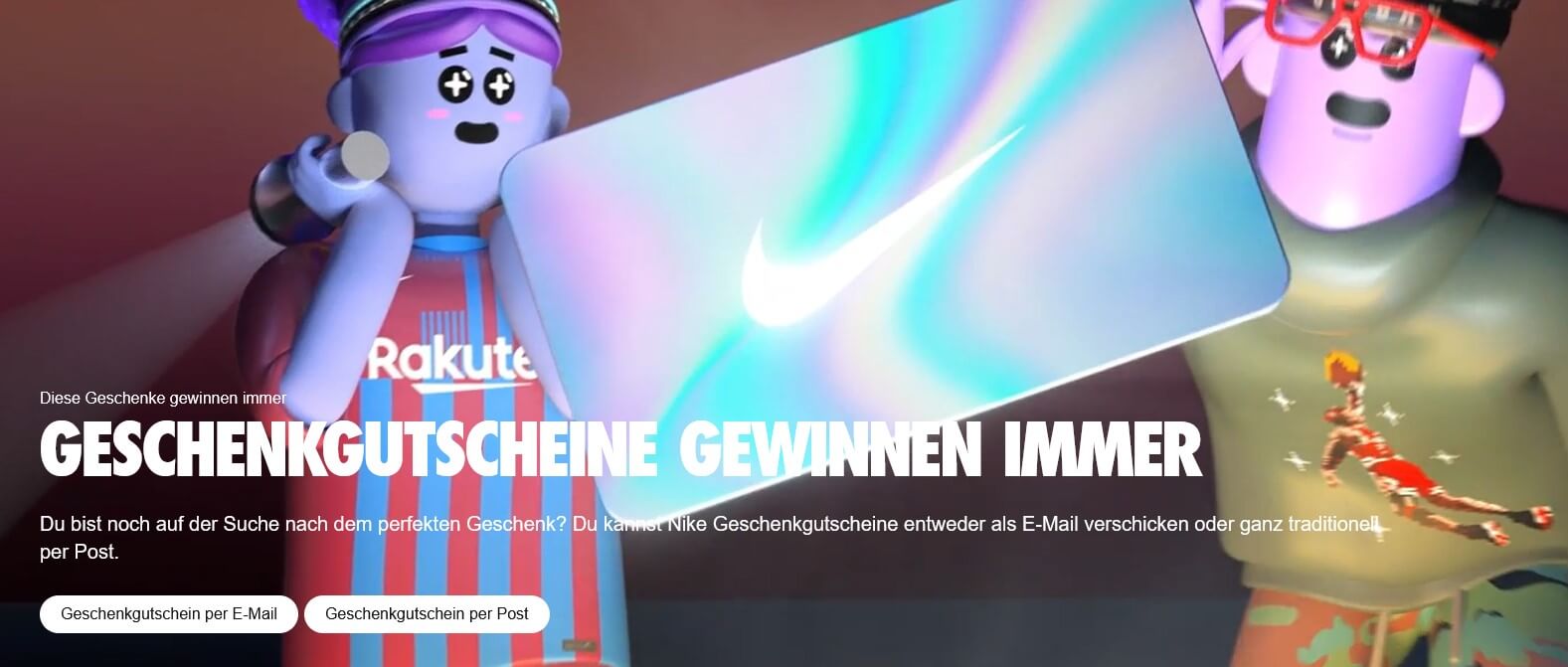 Screenshot der Nike Geschenkgutscheinseite, mit farbenfroher Animation und zwei CTAs.