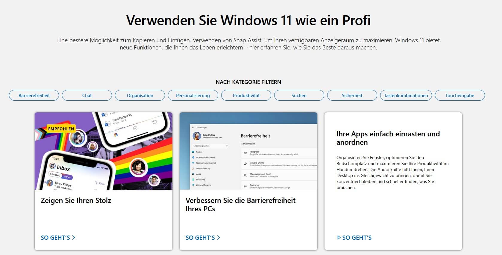 Screenshot der Windows-Features-Seite, mit Filtermöglichkeit.
