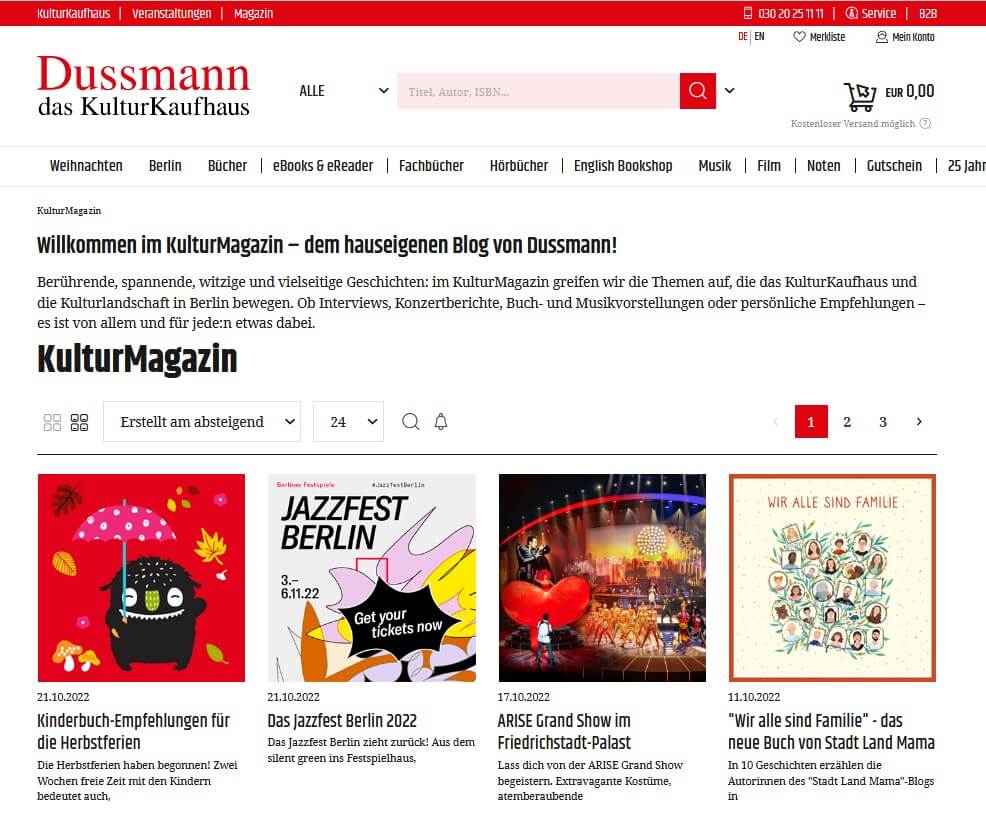 Ein Screenshot der KulturMagazin-Übersichtsseite von Dussmann das KulturKaufhaus.