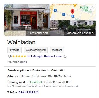 Google-Unternehmensprofil der Berliner Weinhandlung „Weinladen“.